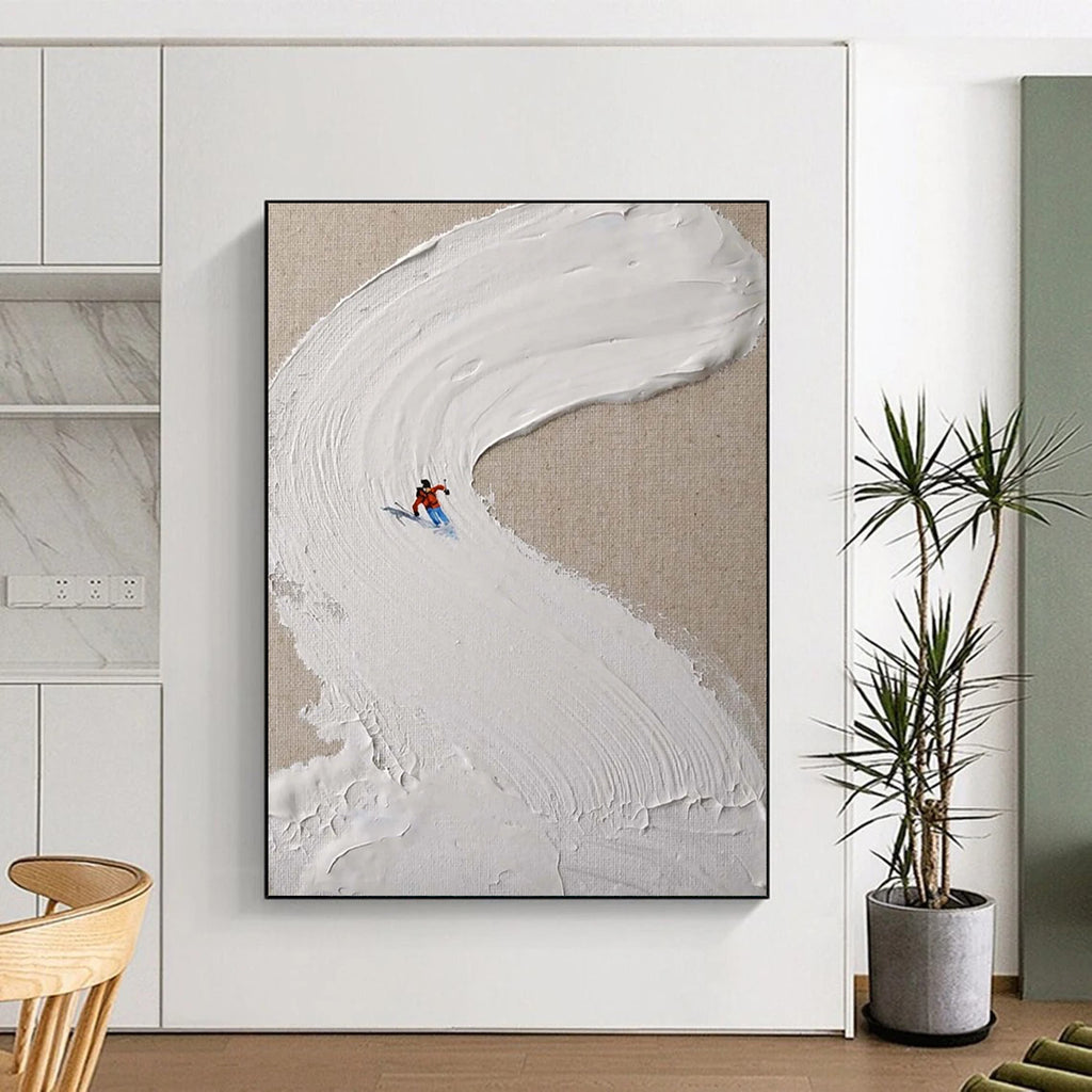 “Skier on Textured White Slope” - Minimalist Winter Sports Painting On Canvas DS311