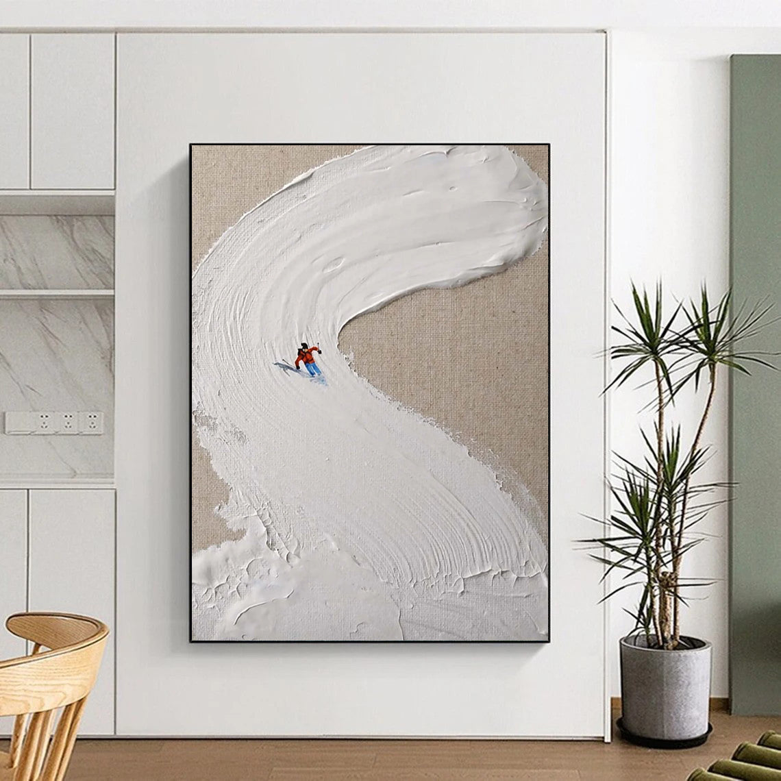 “Skier on Textured White Slope” - Minimalist Winter Sports Painting On Canvas DS311