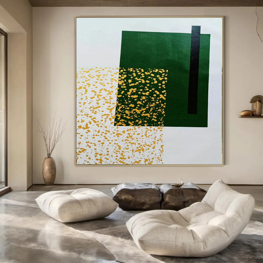 Green, Black, Yellow with Abstract Forms "Green Spark" Abstract Painting On Canvas PS1328