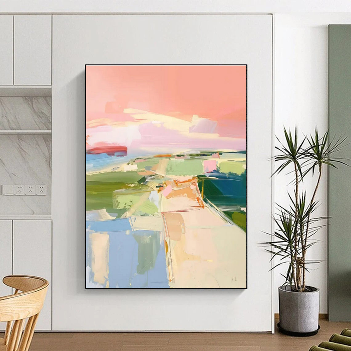“Pastel Landscape Abstraction” - Pastel Pink, Green, Blue Abstract Landscape Painting On Canvas PS0706