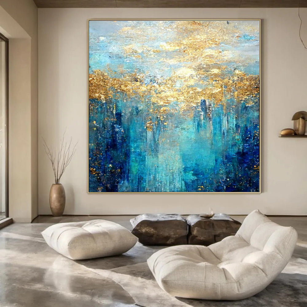 Blue, Gold, and Teal, "Golden Lagoon" – Abstract Landscape Painting On Canvas PS1015