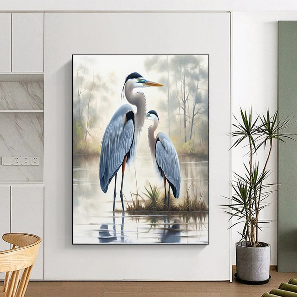 “Blue Herons in Mist” - Realist - Inspired Wildlife Painting On Canvas PT1400