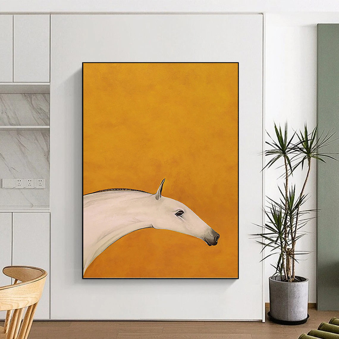 “Minimalist White Horse on Orange” - Minimalist - Inspired Animal Painting On Canvas PT1427