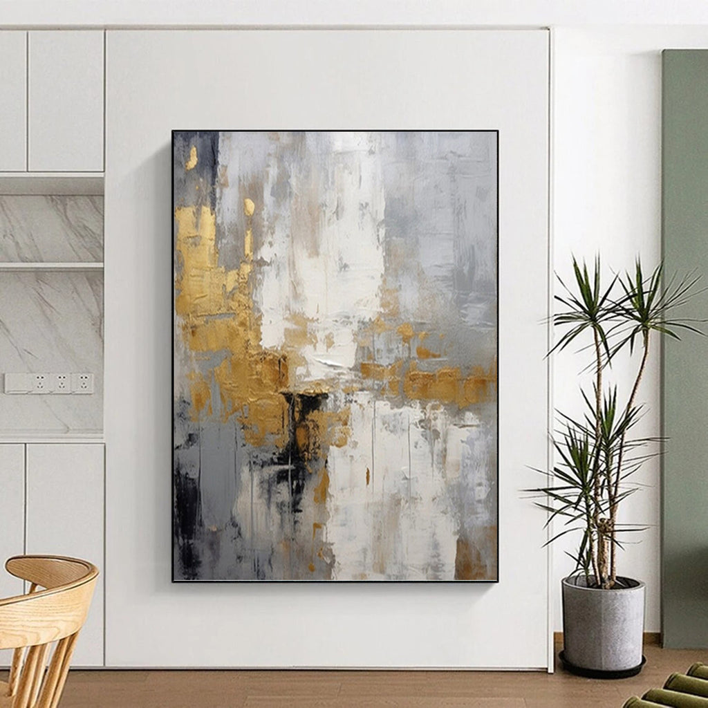 “Grey - Gold Abstract Elegance” - Neutral with Gold Accent Abstract Painting On Canvas PT1062