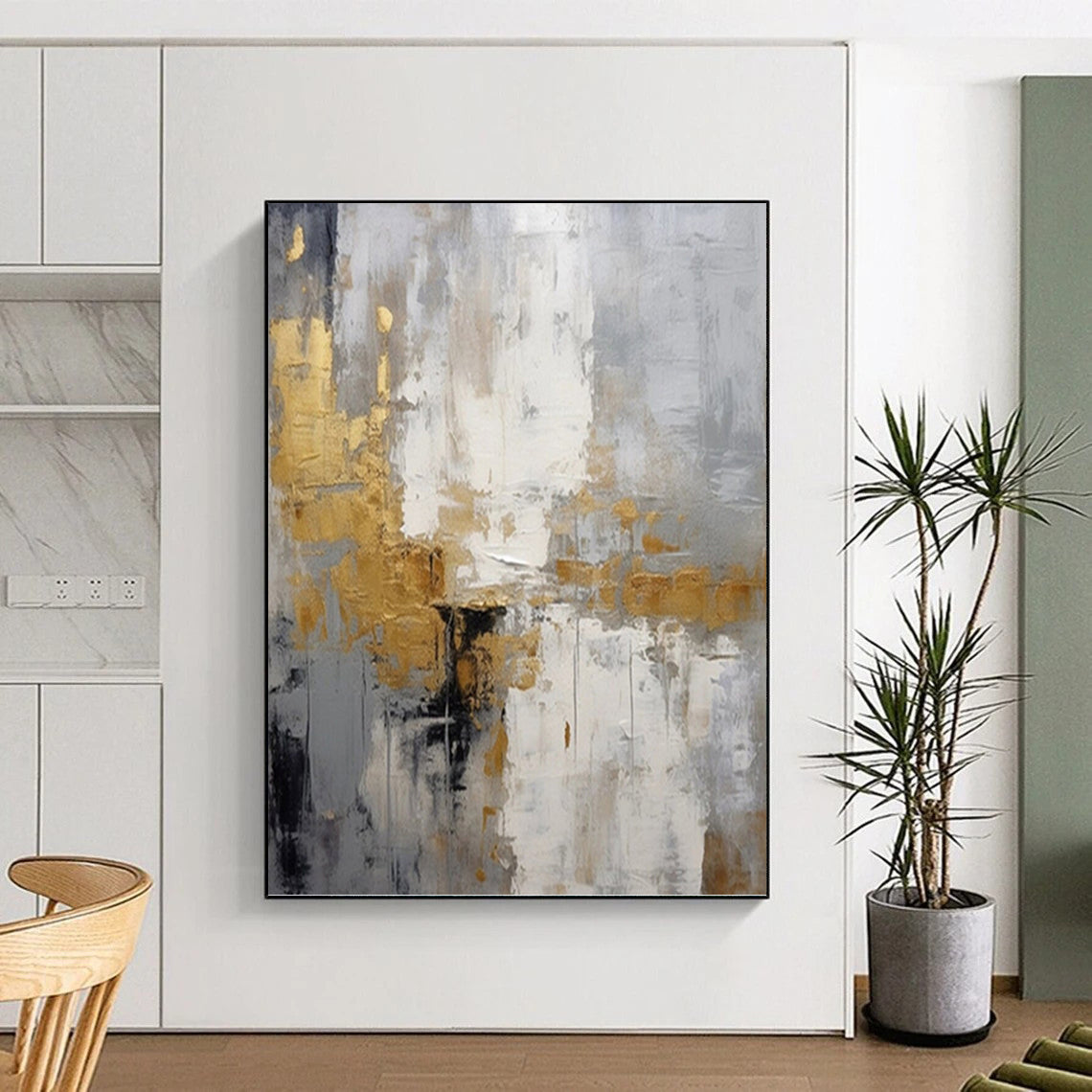 “Grey - Gold Abstract Elegance” - Neutral with Gold Accent Abstract Painting On Canvas PT1062