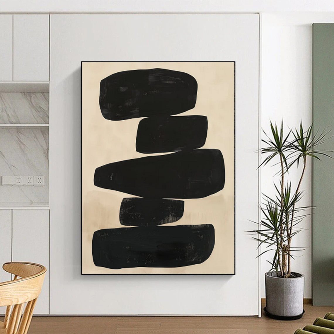 “Stacked Black Abstract Shapes on Beige” - Geometric Abstract Painting On Canvas PS0276
