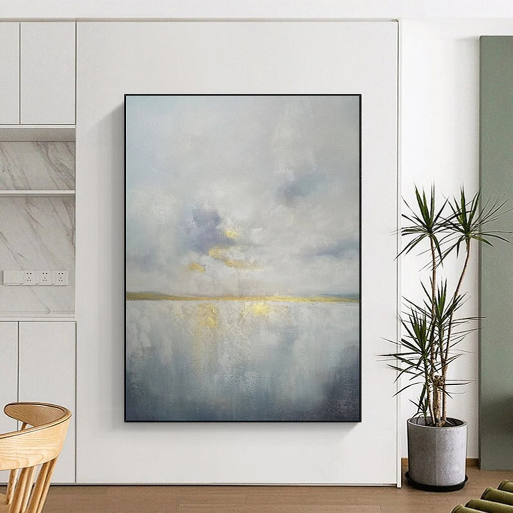 “Gray - Toned Abstract Sky and Water with Gold Accents” - Abstract Landscape Painting On Canvas PT1903