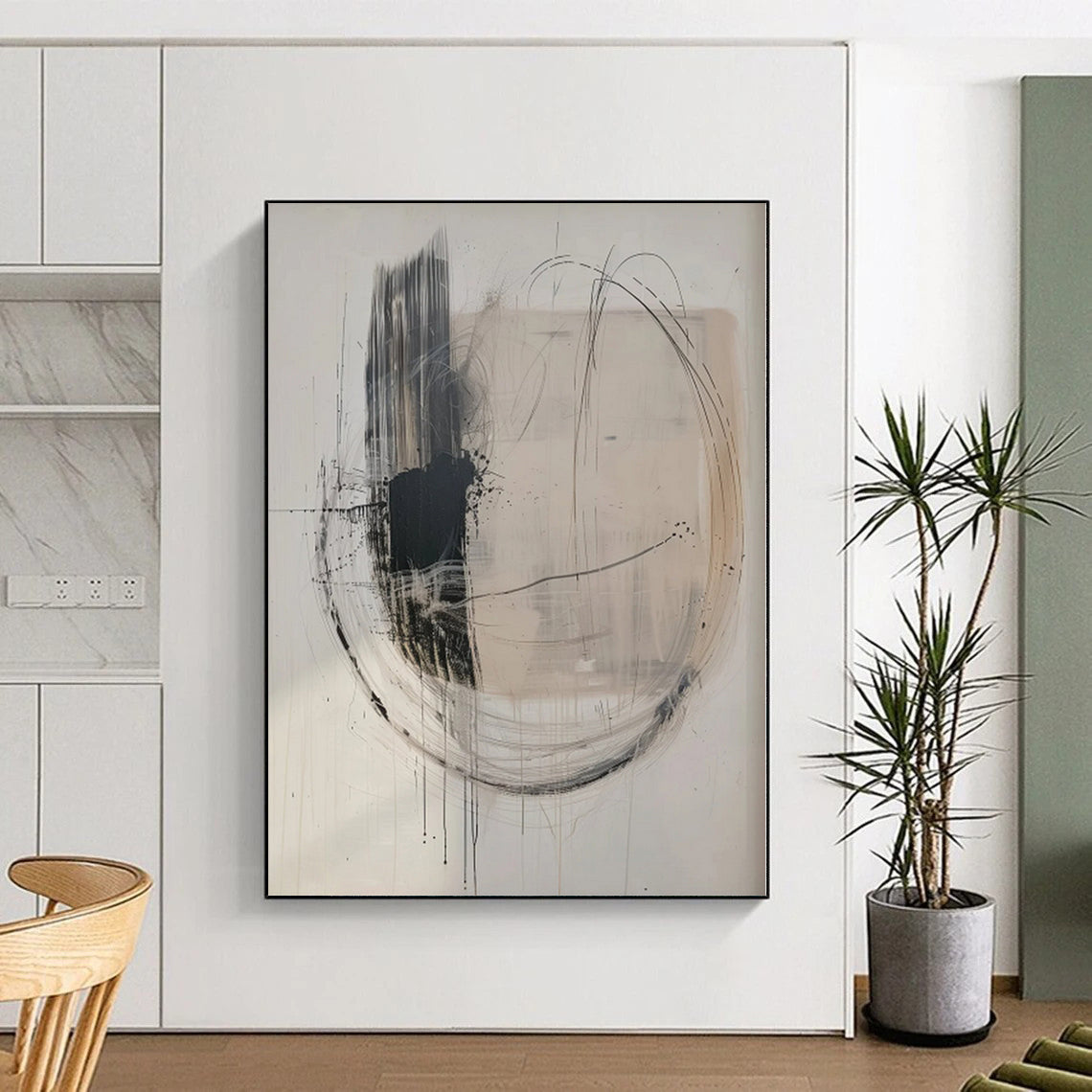 “Dynamic Black - White Abstract with Circular Lines” - Expressive Abstract Painting On Canvas PS0273