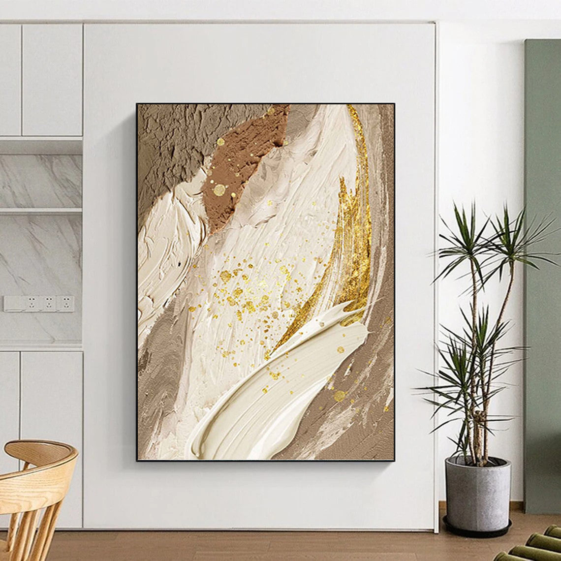 “Elegant Neutrals with Gold Accents” - Beige, Brown, Gold Abstract Painting On Canvas PT1477