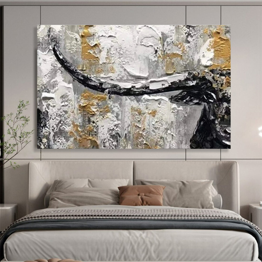 Textured Bull Head in Gold and Gray - Expressive Animal Painting On Canvas DKS336