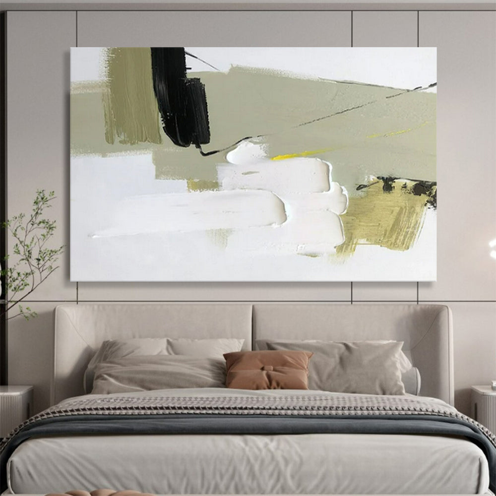 “Soft - Tone Abstract Blocks” - Green - White - Black Abstract Painting On Canvas PT1566