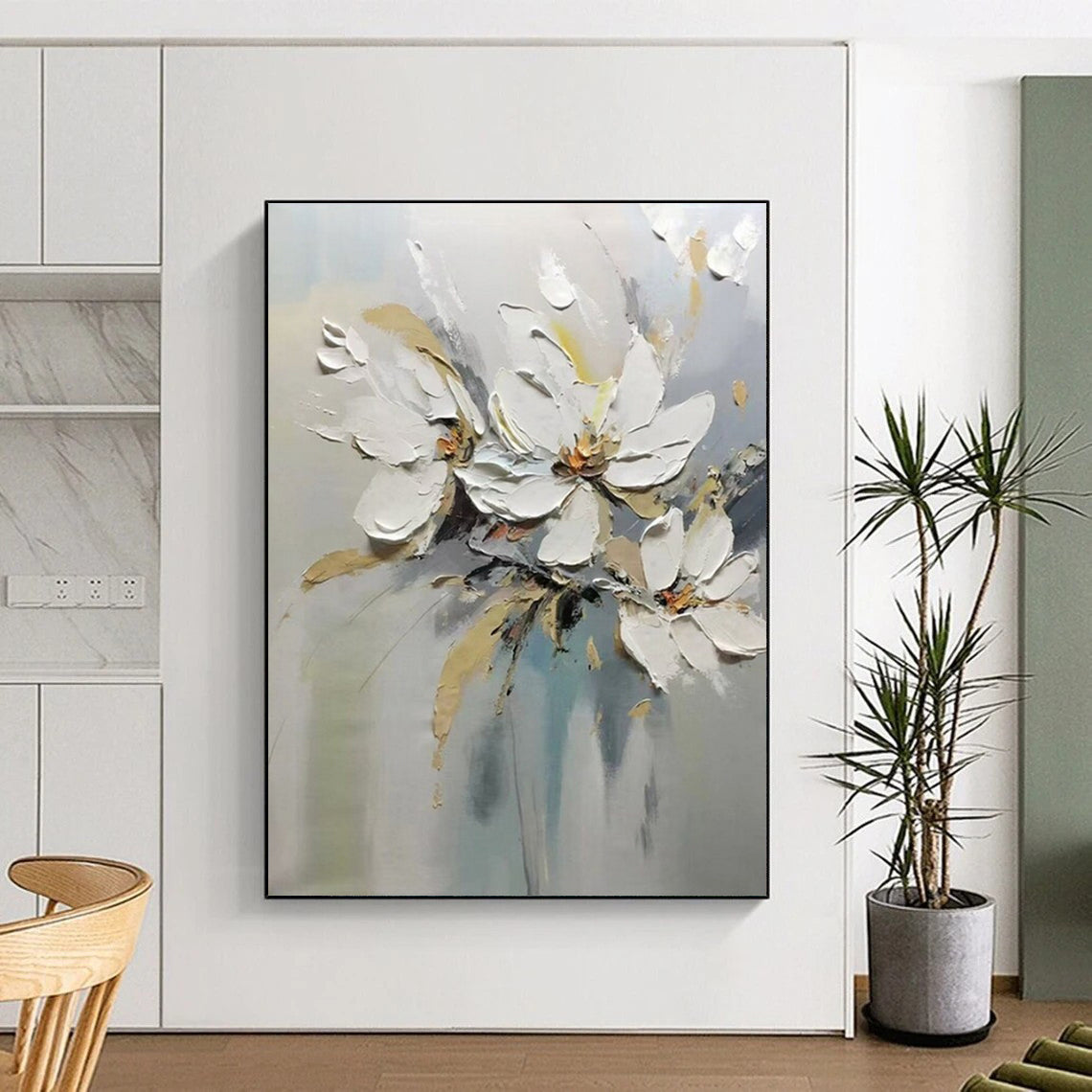 “White Flowers with Impasto Technique” - Textured Oil Painting On Canvas PT2201