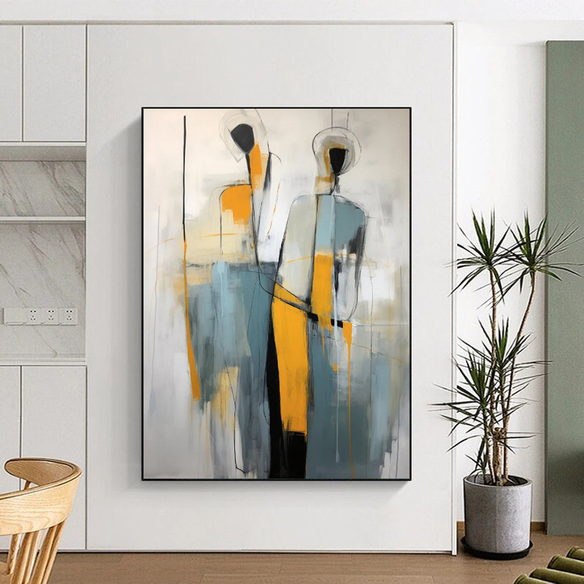 “Abstract Gray - Yellow Human Forms” - Figurative Abstract Painting On Canvas PT1880
