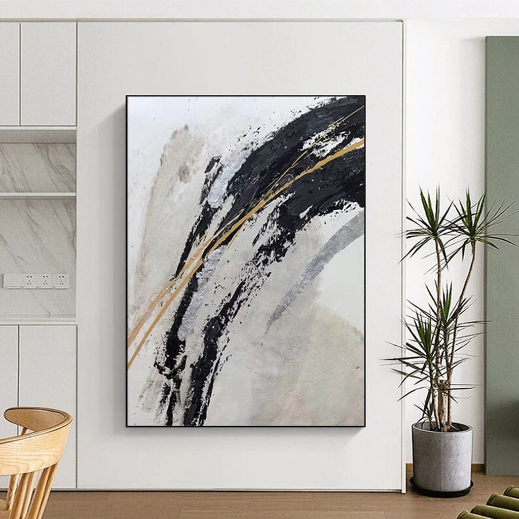 “Black, Gold & Silver Abstract” - Dramatic Contrast with Metallic Shimmers Painting On Canvas DS249