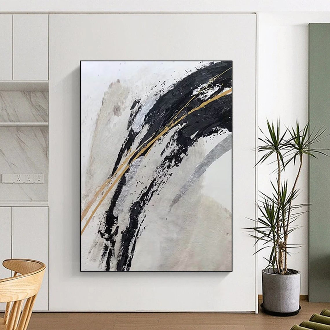 “Black, Gold & Silver Abstract” - Dramatic Contrast with Metallic Shimmers Painting On Canvas DS249