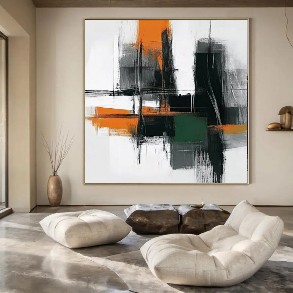 Urban Geometry in Orange, Gray, and Green - Bold Brushstrokes Abstract Painting On Canvas PS1244