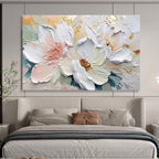“Elegant White & Gold Florals” - Soft Pink, White & Gold 3D Flower, Textured Floral Painting On Canvas DKS712