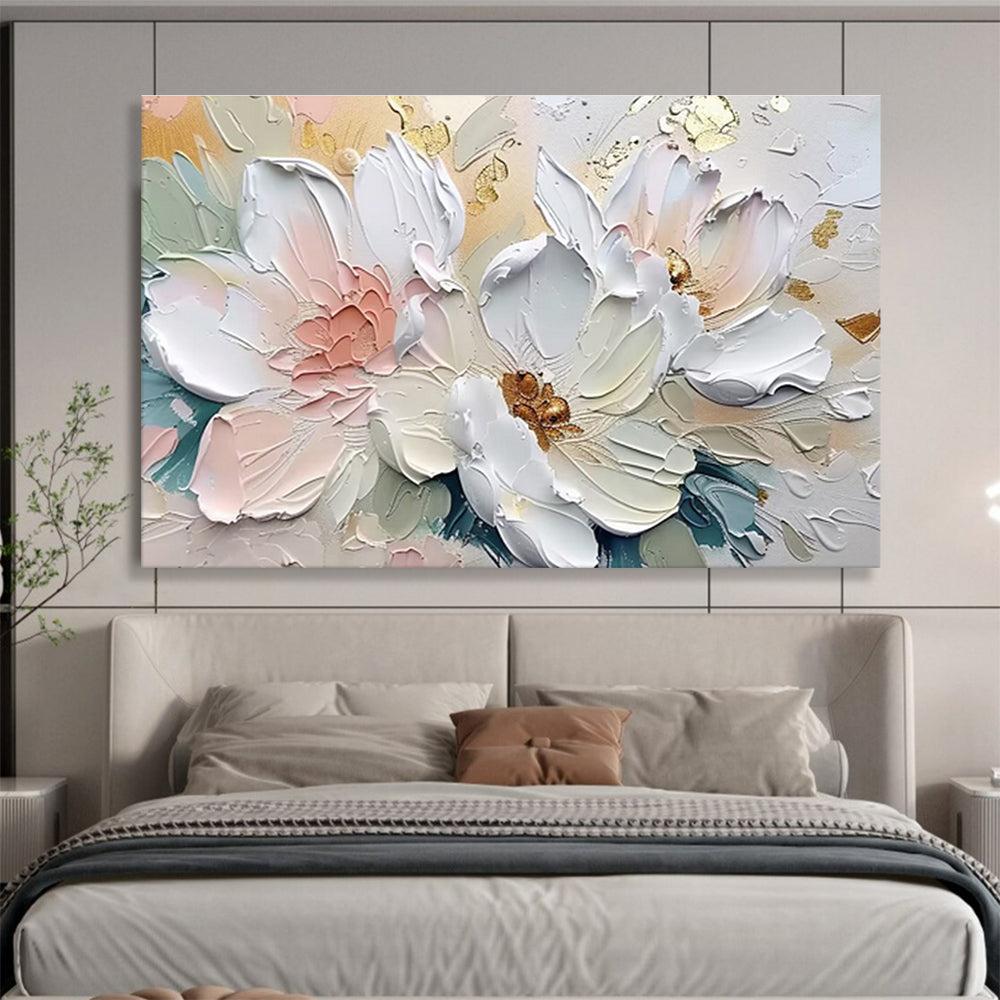 “Elegant White & Gold Florals” - Soft Pink, White & Gold 3D Flower, Textured Floral Painting On Canvas DKS712