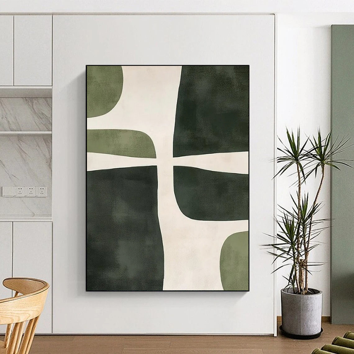 “Green and White Geometric Balance” - Minimalist Abstract Painting On Canvas PT2370