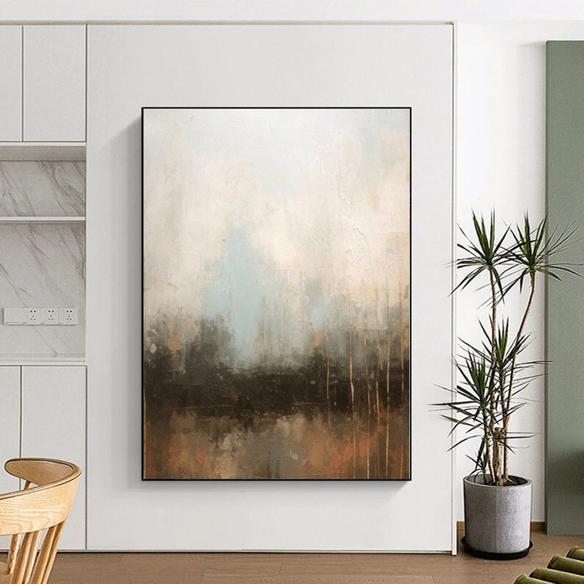 “Neutral - Toned Abstract Landscape” - Beige, Blue, Brown Abstract Painting On Canvas PS0450