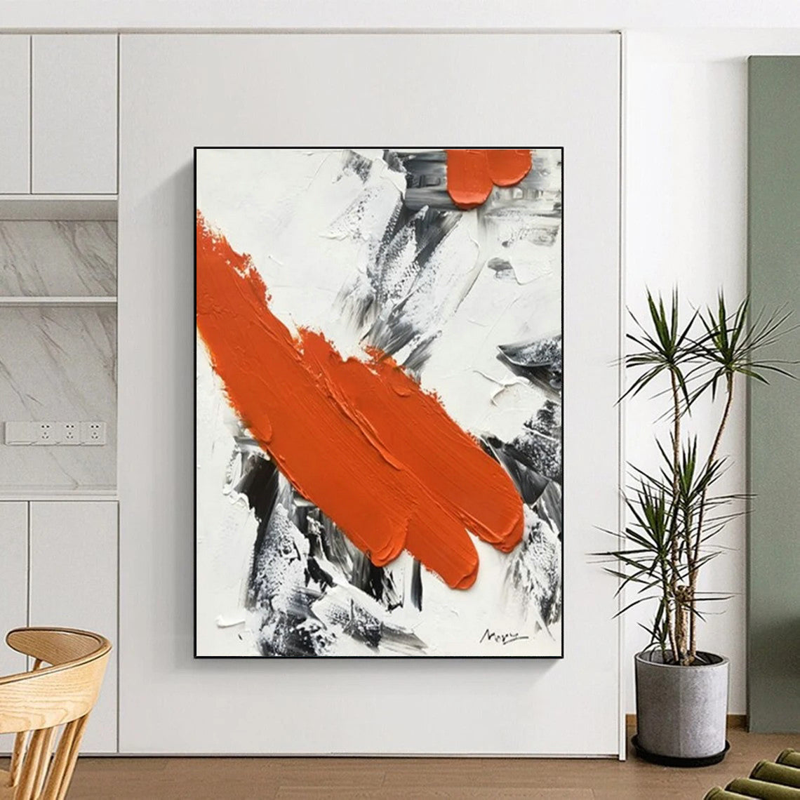 “Fiery Orange Dash” - Orange, Gray, White Abstract Textured Painting On Canvas PS0617