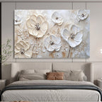 “Textured White Flowers on Beige” - Impasto Floral - Painting On Canvas PT1769