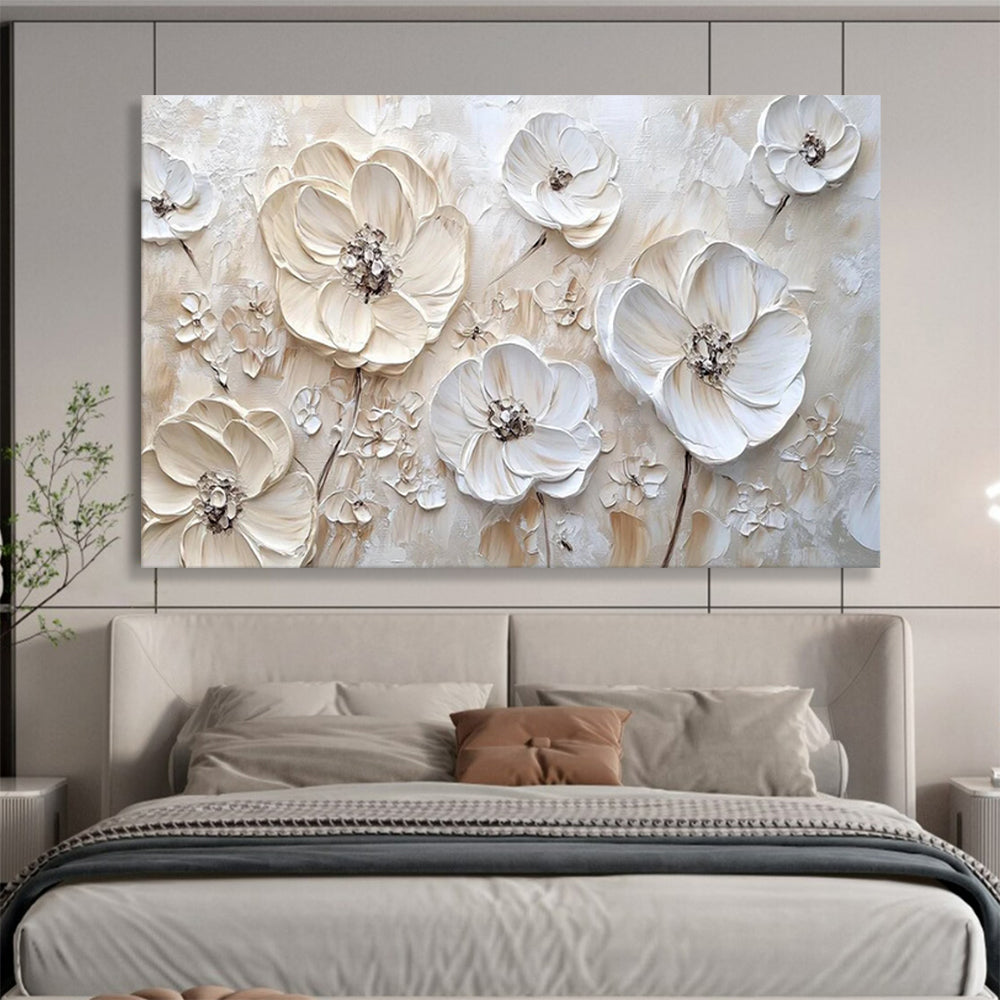 “Textured White Flowers on Beige” - Impasto Floral - Painting On Canvas PT1769
