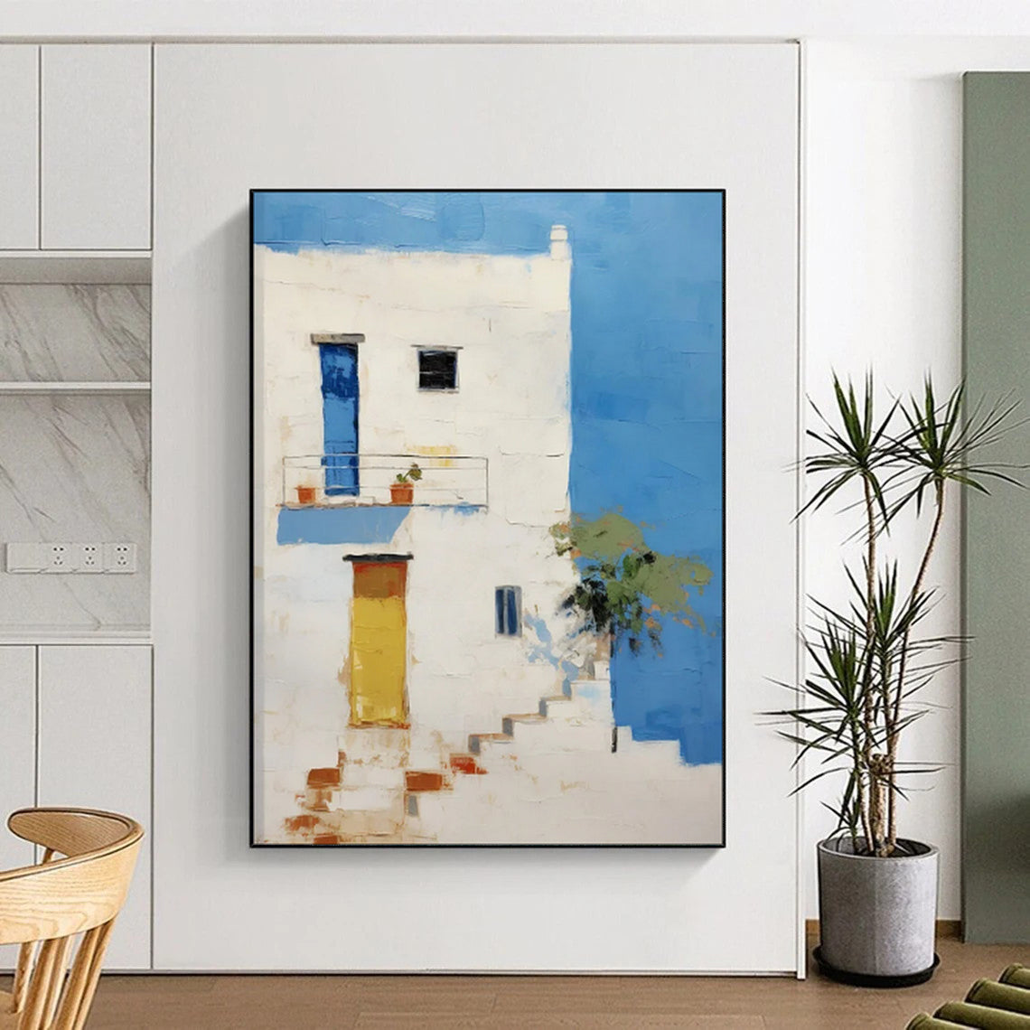 “White Building with Blue and Yellow Accents” - Impressionist Architecture Painting On Canvas PT1837