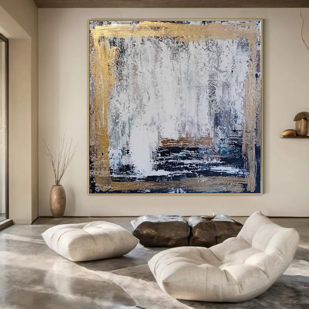 White, Gray, Gold with Textured Background "Gilded Frame" Abstract Painting On Canvas PS1198
