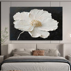 “Textured White Flower on Black” - Impasto Floral Painting On Canvas PT091