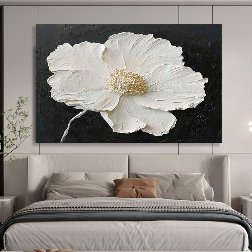 “Textured White Flower on Black” - Impasto Floral Painting On Canvas PT091