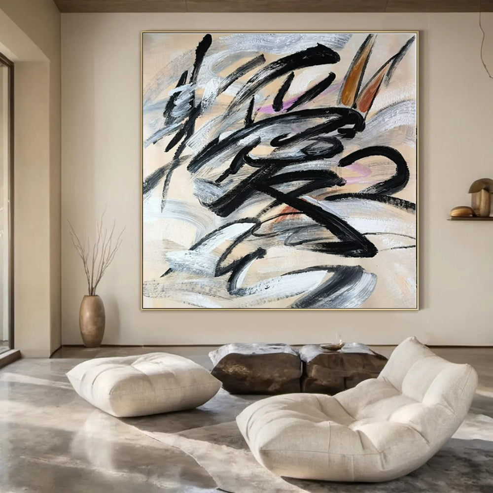 Black, Gray, White with Dynamic Brushstrokes "Dynamic Strokes" Abstract Painting On Canvas PS1325