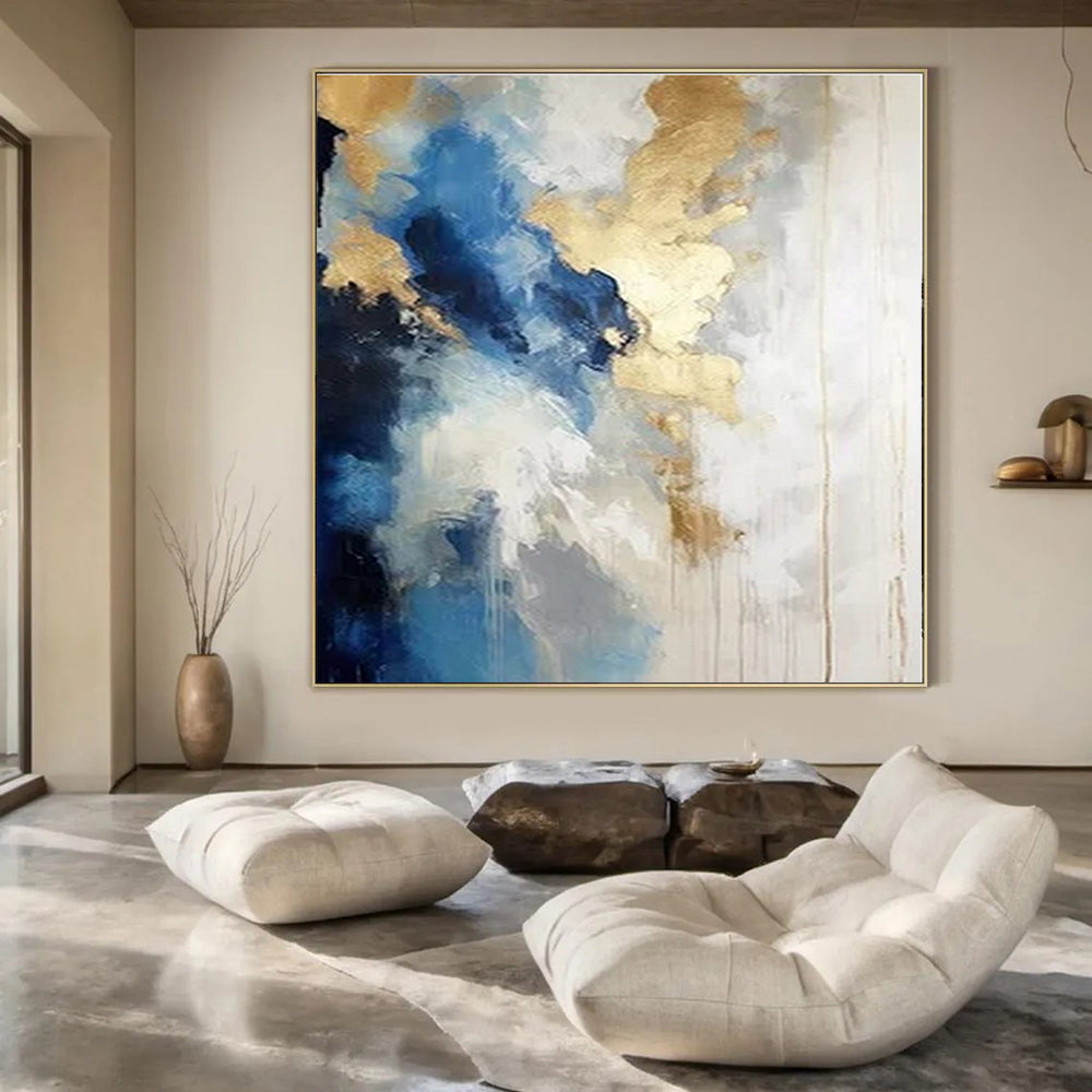 Blue, White, and Gold Abstract Clouds - Flowing Color Abstract Painting On Canvas PS1239
