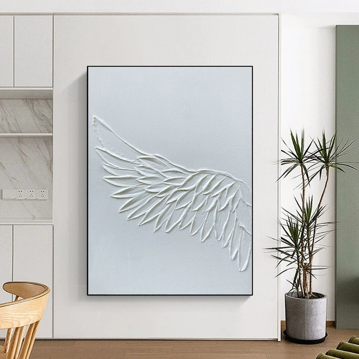 “White Textured Wing” - White, Sculptural Abstract Painting On Canvas PT1485