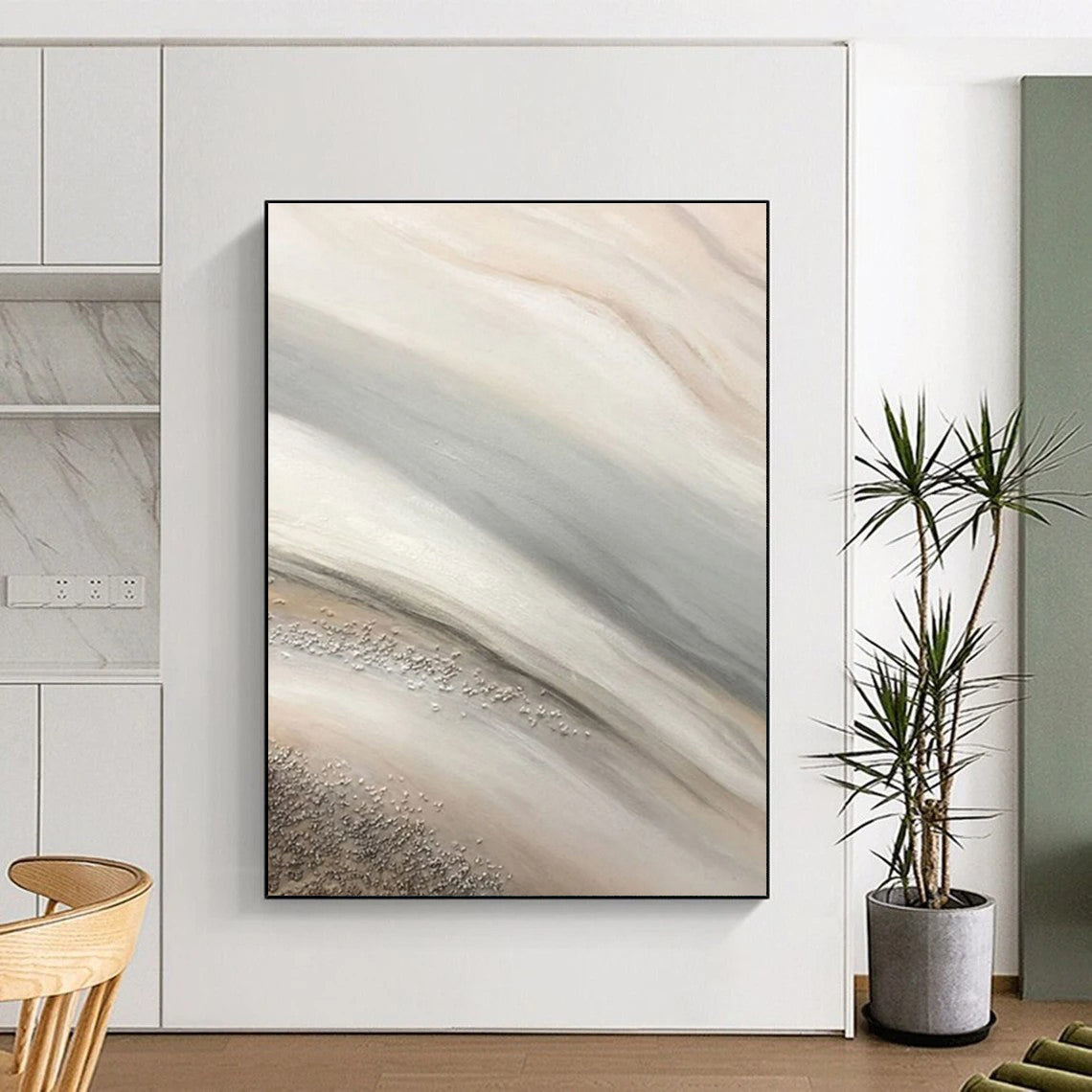 “Soft Silver - Beige Flow” - Silver, Beige, Gray Abstract Fluid Painting On Canvas PS0652
