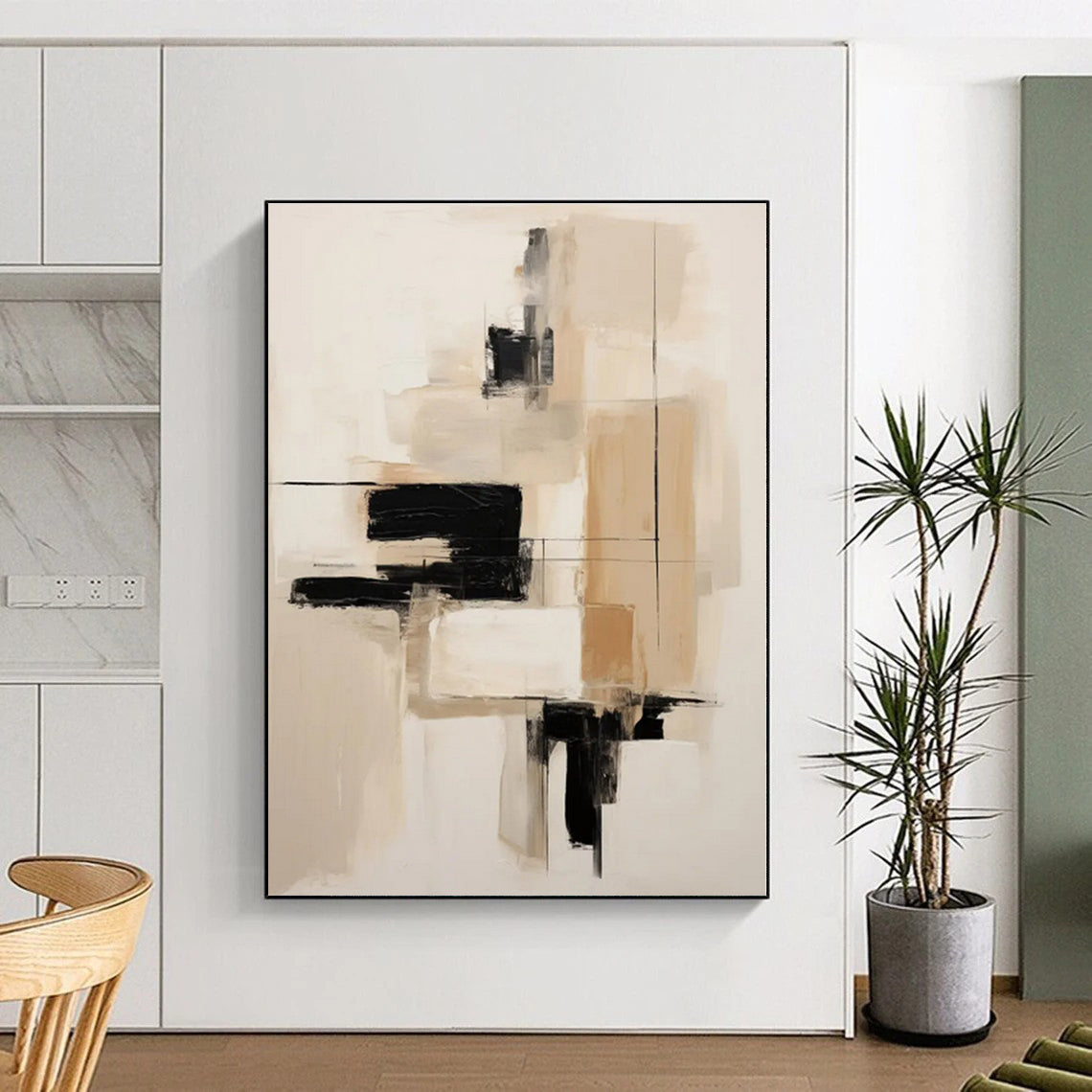 “Black - Beige Minimalist Abstraction” - Black, Beige Abstract Painting On Canvas PS0530