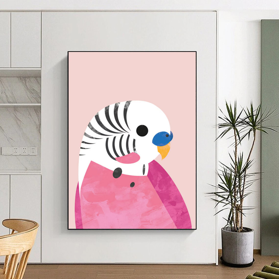 “Pink - Backgrounded Parakeet” - Colorful Bird with Geometric Shapes Painting On Canvas DS227