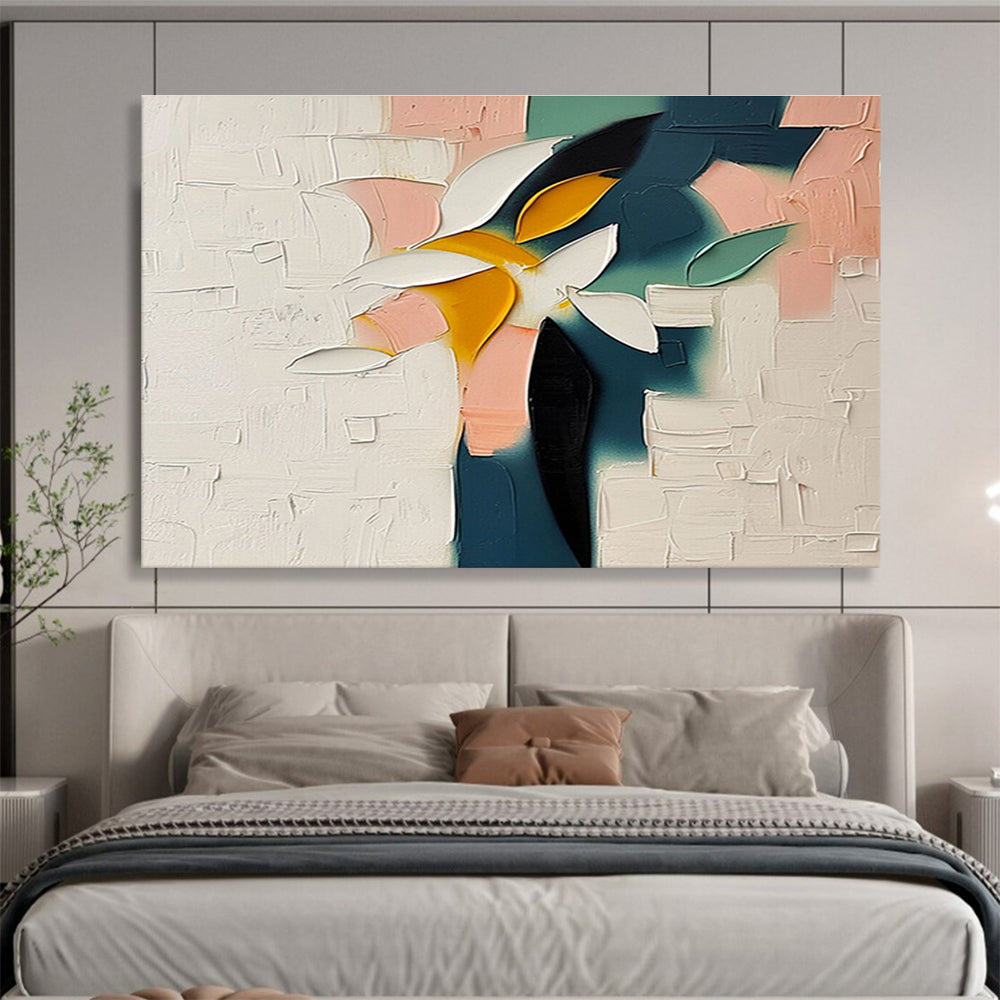 “Color - Block Flower” - White, Yellow & Pink Floral, Contemporary Oil Painting On Canvas DKS747