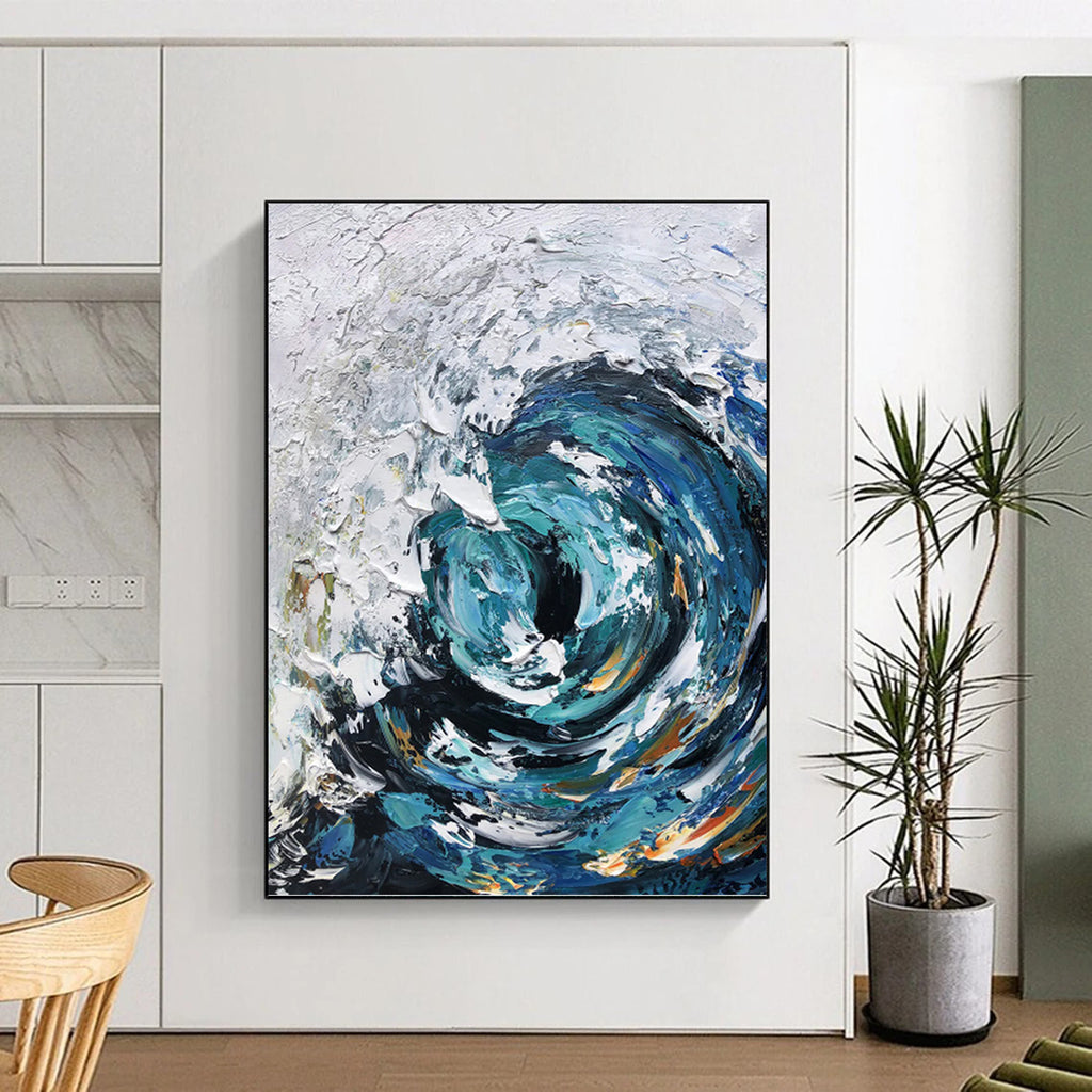 “Blue - White Swirling Wave” - Impasto Seascape Painting On Canvas PT1295