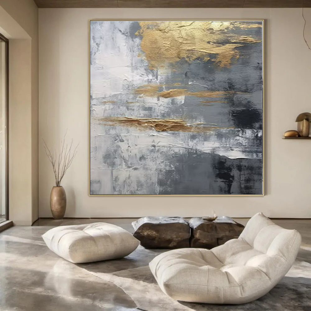 Gray, Gold, White with Textured Abstract "Gilded Grayscale" Abstract Painting On Canvas PS1260