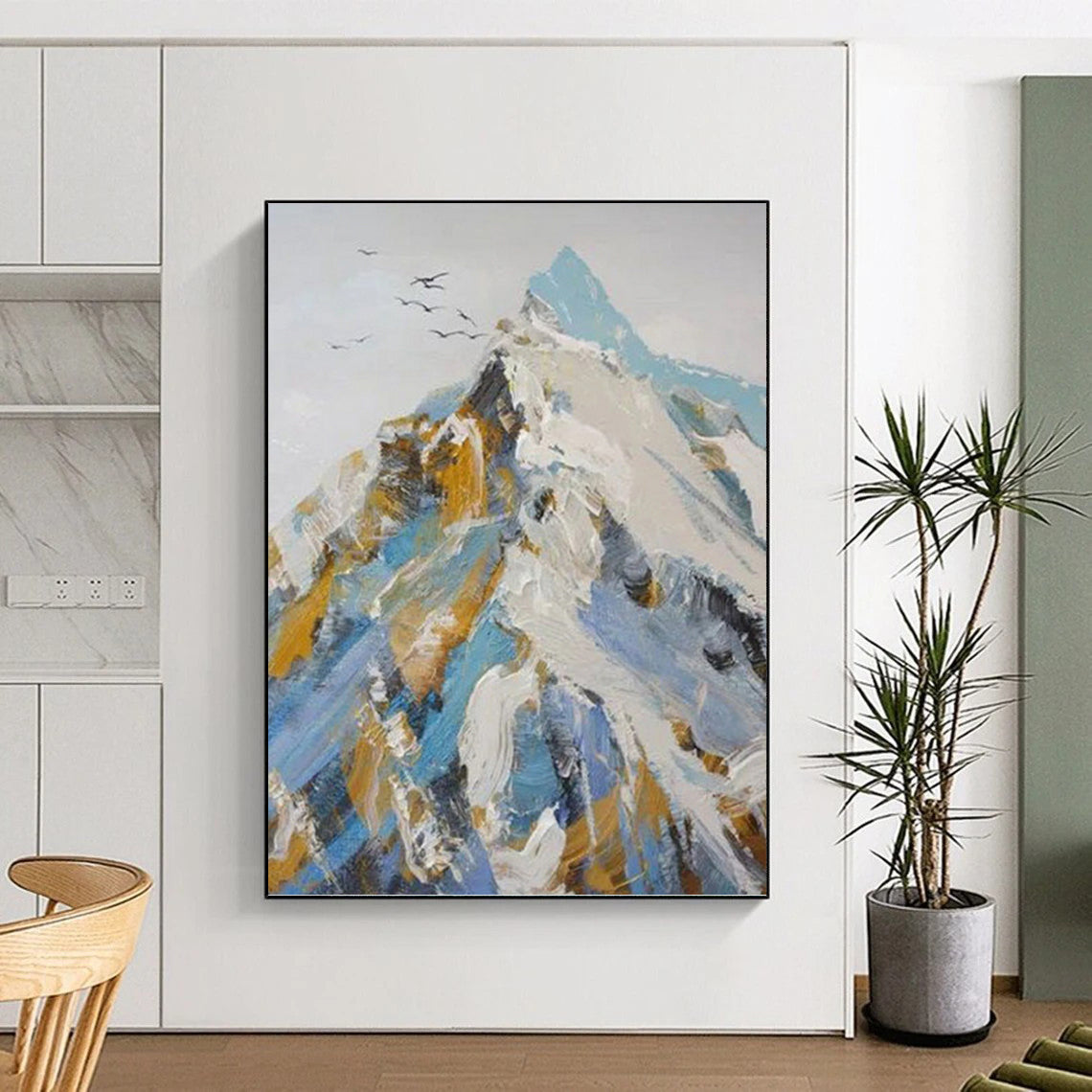 “Snowy Mountain: Blue, White, and Gold Abstract” - Bold Landscape Art On Canvas PT0955