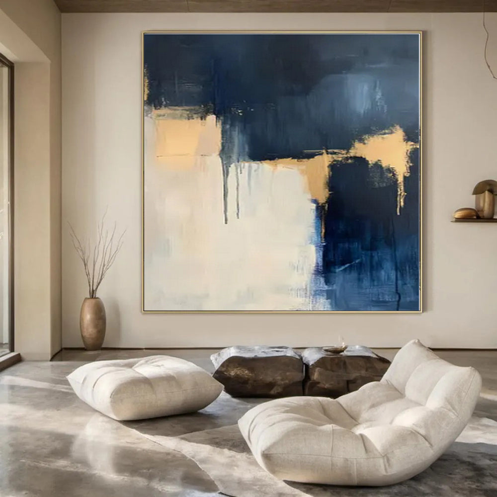 Navy, White, Gold with Layered Drips "Gilded Depths" Abstract Painting On Canvas PS1310