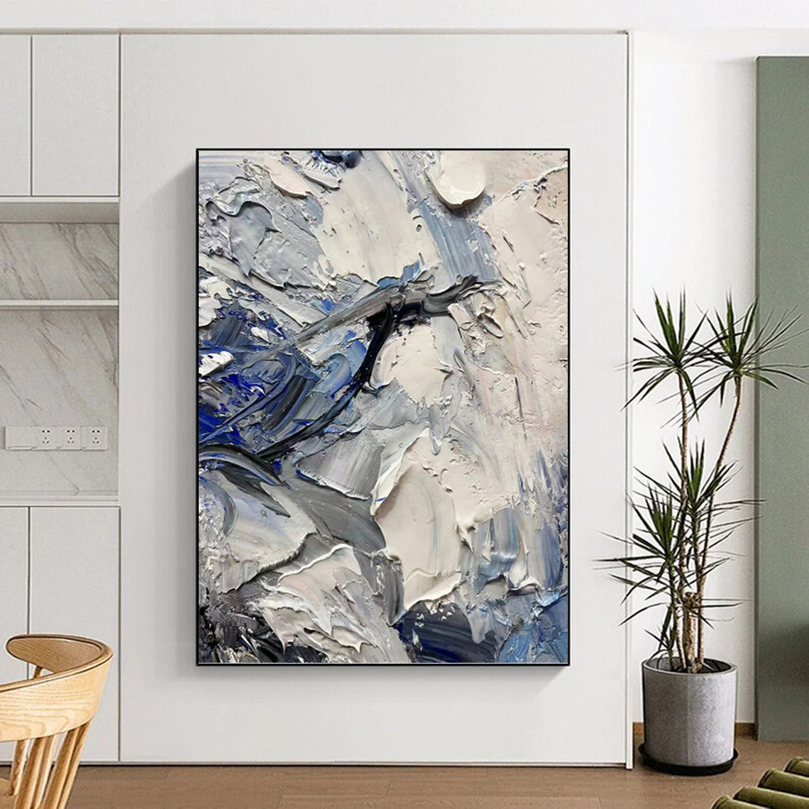 “Blue - Grey Textured Abstract” - Palette - Knife Abstract Painting On Canvas PT1257