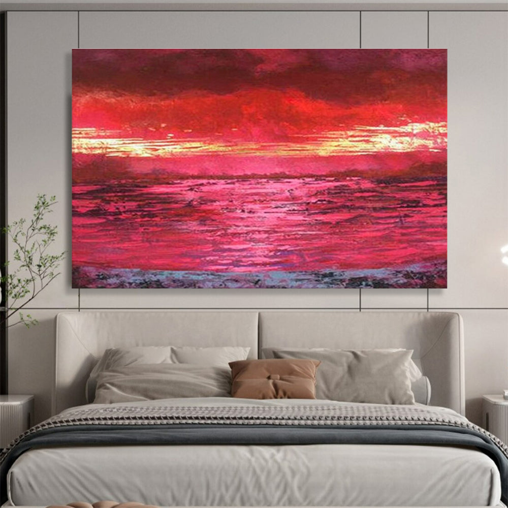 “Vibrant Red Sunset Over Water” Landscape Painting On Canvas DKS191