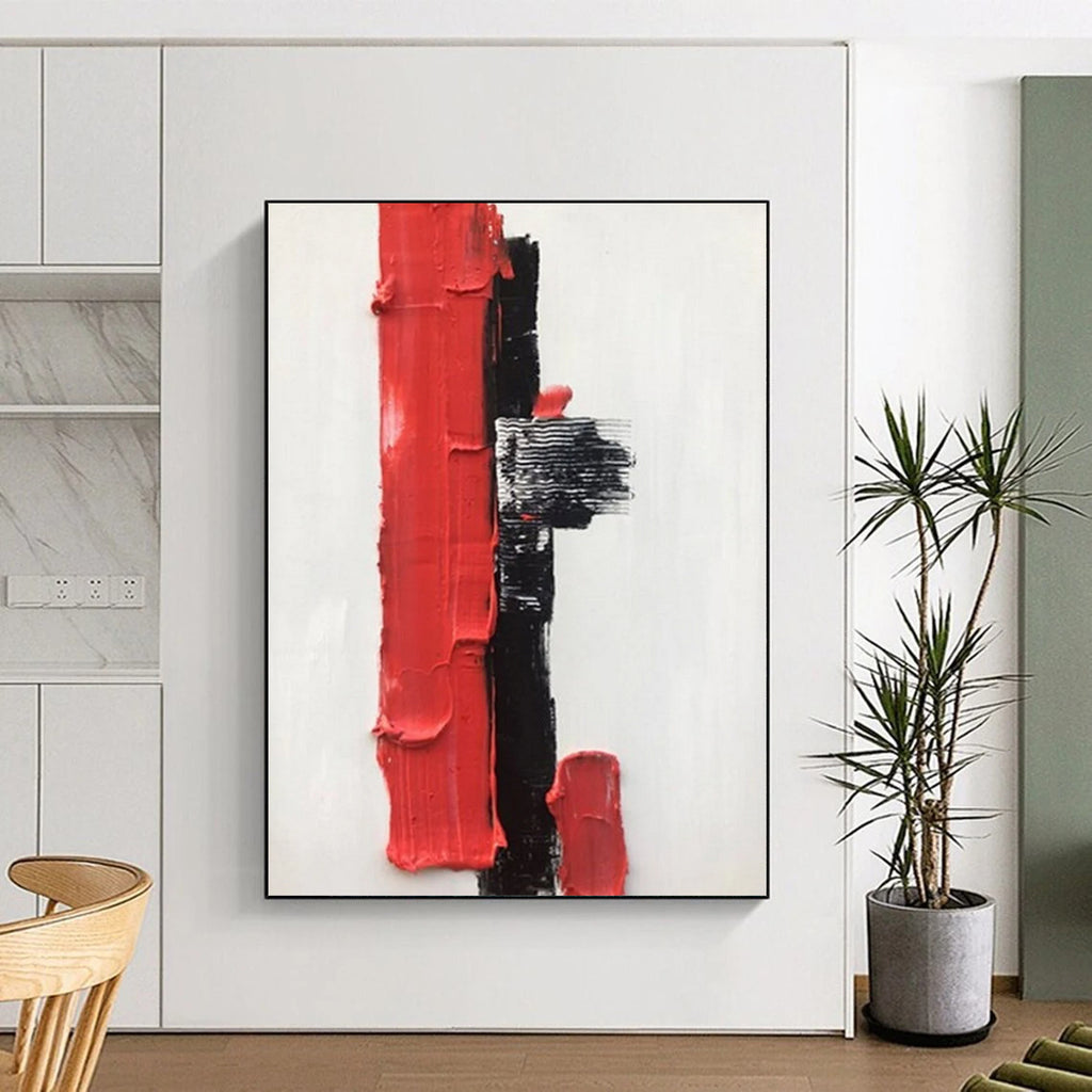 “Red, Black, and White Textured Forms” - Striking Abstract Painting On Canvas DS390