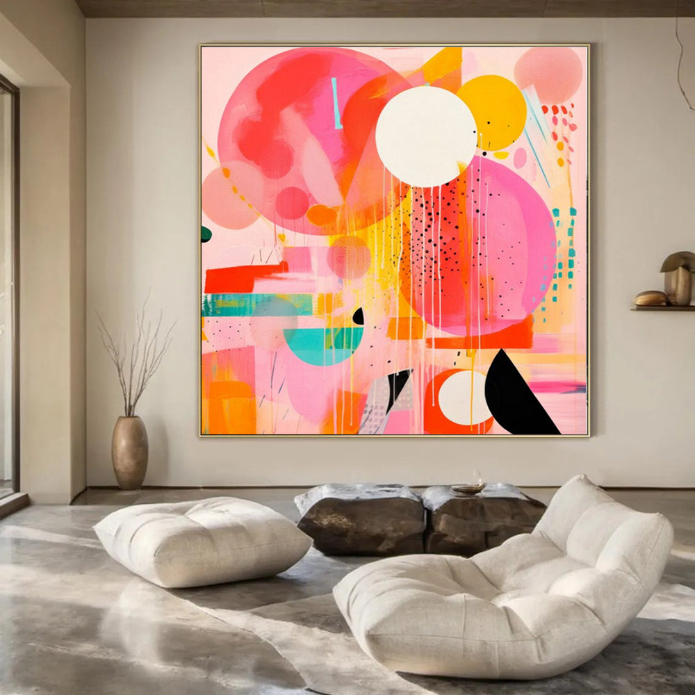 Bold Pink, Orange, and Circles "Pop Play" Abstract Painting On Canvas PS1181