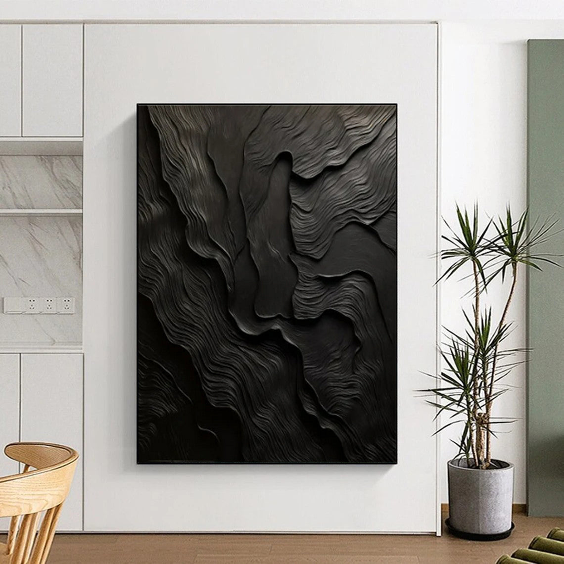 Black Textured Abstract Waves Painting On Canvas PS0833