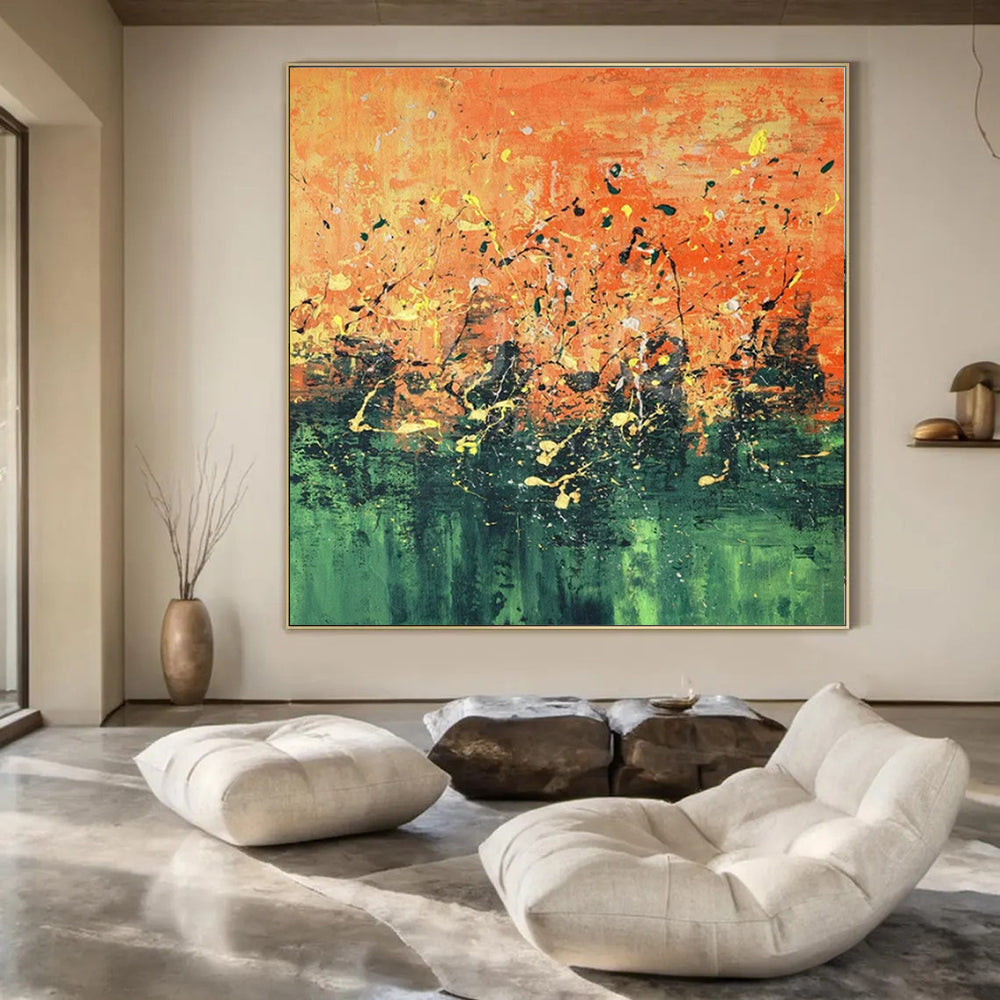 Orange - Green Splatter, "Sunset Garden" – Abstract Expressionist Painting On Canvas PS0926