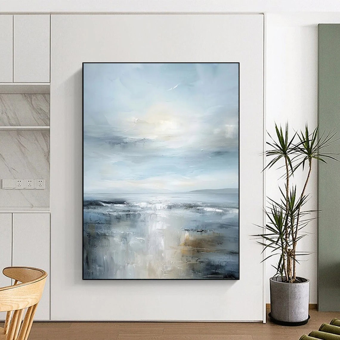 Soft Blue - Gray Calm Seascape Impressionistic Landscape Painting On Canvas DS059