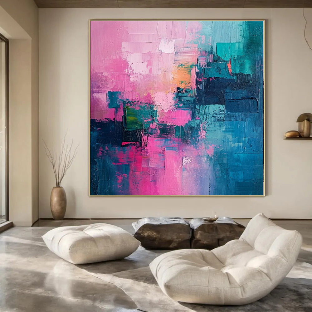 Pink, Teal, Gold, and Blue Patchwork, "Vibrant Mosaic" – Colorful Abstract Painting On Canvas PS1012